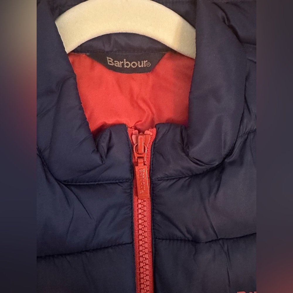 Barbour Boys Navy and Orange Quilted Vest with Stand-Up Collar Size XL - Picture 5 of 7